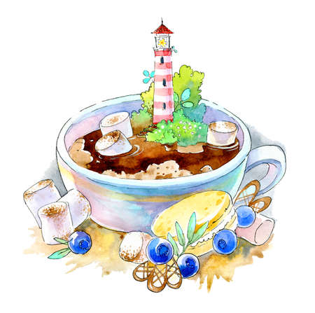 Composition from a small lighthouse in a cup of coffee or cocoa, along with marshmallows, berries and a muffin. Watercolor illustration, handmade.の写真素材