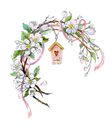 Cute spring wreath with apple tree flowers, a small birdhouse and a pink ribbon. Watercolor illustration, handmade.の写真素材
