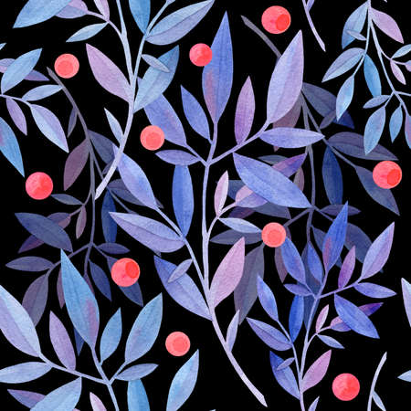 Blue foliage and red berries. Seamless pattern.  work. Manual graphics.の写真素材
