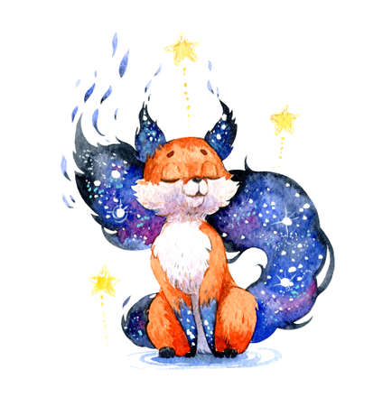 Cute red fox and stars. Catcher stars, character fairy tales, postcards. Watercolor illustration.の写真素材