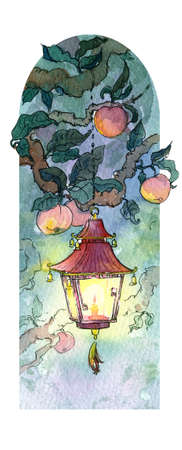Chinese lantern on a tree, symbol of the time of year. Summer and peach tree.  illustration, handmade.の写真素材