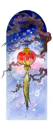 Chinese lantern on a tree, symbol of the time of year. Spring and sakura.  illustration, handmade.の写真素材