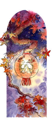 Chinese lantern on a tree, symbol of the time of year. Autumn and maple.  illustration, handmade.の写真素材