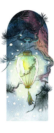 Chinese lantern on a tree, symbol of the time of year. Winter and pine.  illustration, handmade.の写真素材