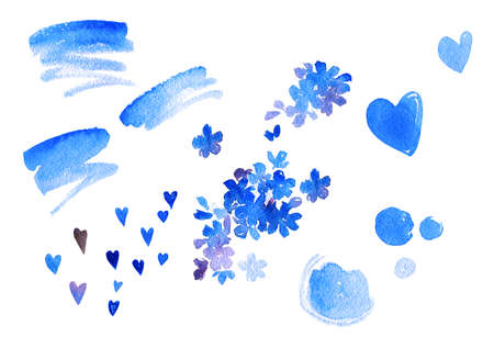 Watercolor elements. Set of spots, hearts, strokes. Blue color. Watercolor illustration, handmade.の写真素材