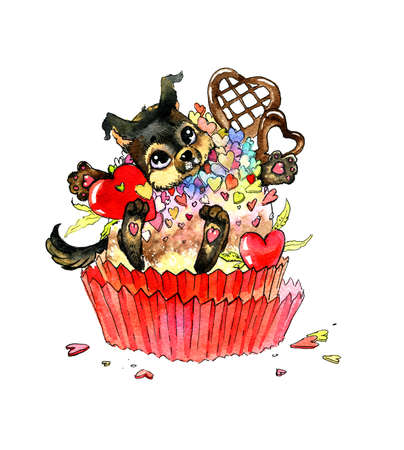 Cute cake with a cute dog .  illustration, handmade.の写真素材