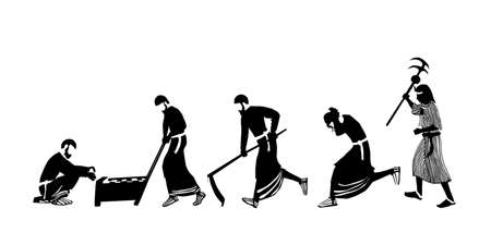 Vector drawing of religious Jewish figures, the children of Israel, working hard, making bricks from clay. An Egyptian stands and holds a beating stick. A scene from the enslavement of Israel in Egyptのイラスト素材