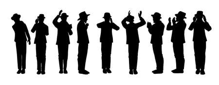 Silhouettes of Orthodox Jewish chassidim praying and crying. With a hat and a suit.
Each character takes a different action: begging, calling in the arrangement, punching his heart, raising his hands.のイラスト素材