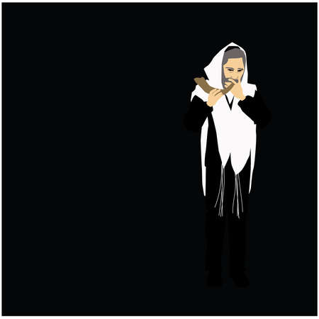 An Orthodox Jewish man with a tallit blows the shofar on Rosh Hashana and Yom Kippur.
Background for a Happy New Year card. vector flat drawing.のイラスト素材