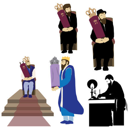 Jewish people hold Torah scrolls. A writer sits and writes with a feather on parchment. King standing and sitting. An ultra-Orthodox Chassid and Avrech observant sits and holds a Bible bookのイラスト素材