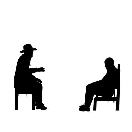 Shiva - Vector black silhouettes of a Jew sitting on a low chair mourning his relative. His shirt is torn. In front of him on an ordinary chair sits a rabbi who comforts him.
An artistic painting.のイラスト素材