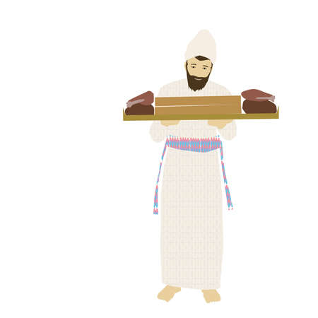 A Jewish man dressed in priestly clothes, holding in his hands a shank and breast of a lamb and two special loaves that were baked during the Temple in Jerusalem.
Colorful vector iのイラスト素材