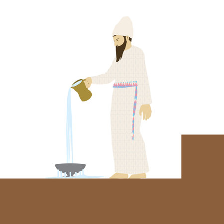 A painting of a Jewish priest pouring water on top of the altar in King Solomon's Temple in Jerusalem. wearing a uniform. On the Sukkot holiday at the "Simchat Beit HaShuava" - a tのイラスト素材