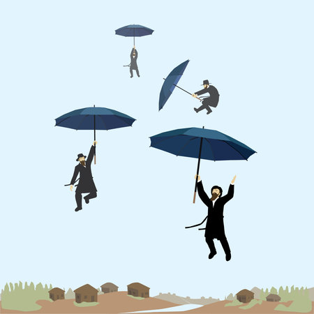 Painting of Jewish followers in black clothes hat, suit and sash, dancing flying in the air holding umbrellas. When below an ancient small town.
An artistic and steamy illustrationのイラスト素材