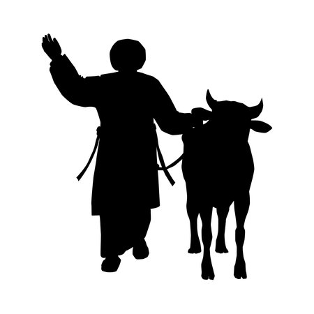 Isolated black silhouette of a pilgrim bringing with him a bull. A historical Jewish figure dressed in clothes typical of the Temple period in Jerusalem.
vectorのイラスト素材