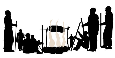 Black silhouettes of men and boys stand around the fire. The historical figures are dressed in robes and have sticks in their hands. A circle of stones and a facility for roastingのイラスト素材