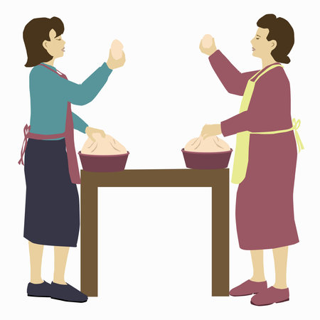 Hafrashas challah - two observant Jewish women stand and pick up a piece of dough and bless.
The figures are standing next to bowls of dough that are placed on a table. Colorful veのイラスト素材