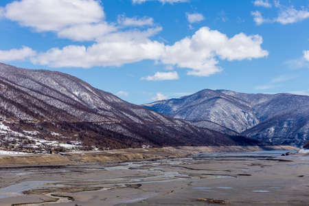 Empty lake near Ananuri castle, Georgiaの写真素材