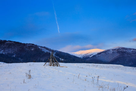 View on valley at dawnの写真素材