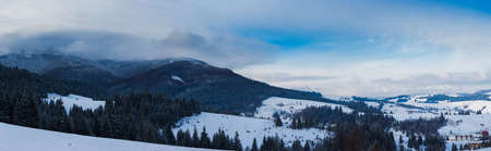 Panoramic view on snowy forest and little villageの写真素材
