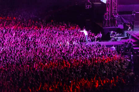 KYIV, UKRAINE - JUNE 21: Svyatoslav Vakarchuk on concert of Okean Elzy on JUNE 21 2014 in NSC Olimpiyskiy. Final concert of world tour named "20 years togetherÂ» on JUNE 21 2014 in Kyiv, Ukraineのeditorial素材