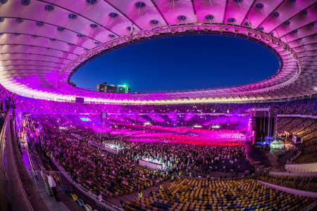 KYIV, UKRAINE - JUNE 21: Full stadium fans on concert of Okean Elzy on JUNE 21 2014 in NSC Olimpiyskiy. Final concert of world tour named "20 years togetherÂ» on JUNE 21 2014 in Kyiv, Ukraineのeditorial素材