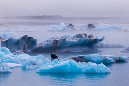 Icebergs floating in Fjallsarlon glacier lake at sunset. South Iceland.Close to Jokulsarlon lagoon./ Icebergs floating in Fjallsarlon glacier lake at sunset.の写真素材