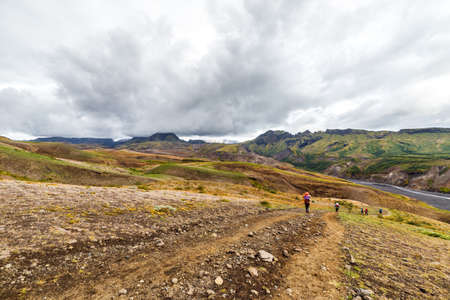 Groun of a tourists goes throuth Icelandの写真素材