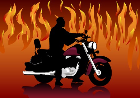 Silhouette of the motorcyclist on a background of fireのイラスト素材