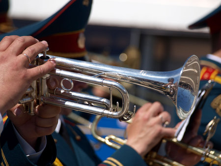 Color photo of a military musician with trumpet    