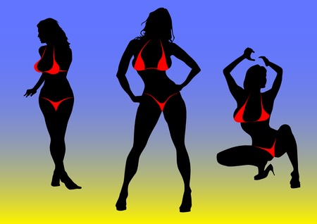 Vector silhouettes of girls in bikini at the beachのイラスト素材
