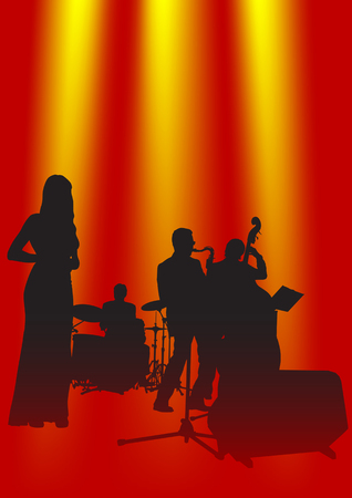 Vector drawing music jazz orchestra. Artists on stageのイラスト素材