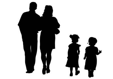 Vector drawing families with children. Silhouettes on a white backgroundのイラスト素材