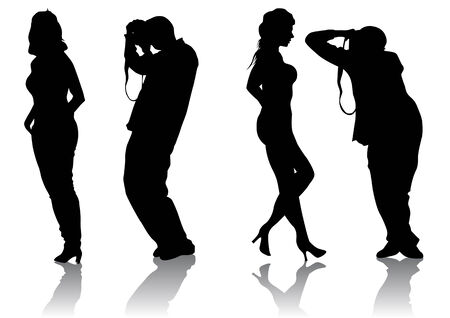 Vector image of the photographer and model. Silhouette on white backgroundのイラスト素材