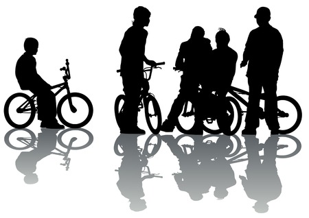 Vector drawing cyclists group teen. Silhouette on white backgroundのイラスト素材