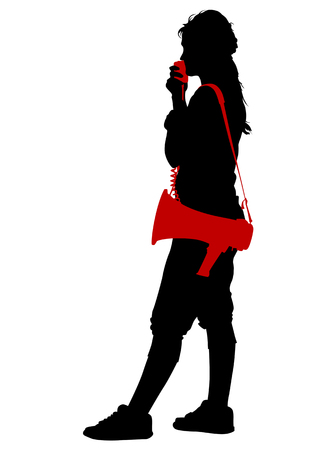 Vector drawing women with megaphones. Silhouette on white backgroundのイラスト素材
