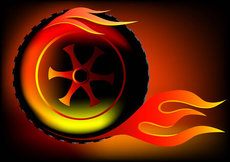 Vector drawing burning wheel. Fast driving and fireのイラスト素材