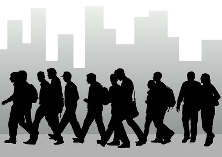 Vector drawing crowds against the backdrop of urban homesのイラスト素材