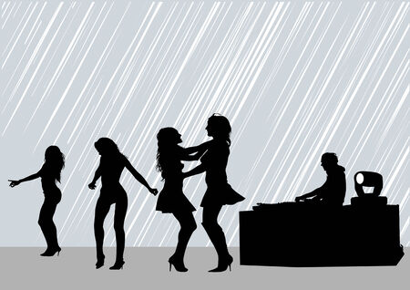 drawing silhouettes of dancing girls and dj in a nightclubのイラスト素材