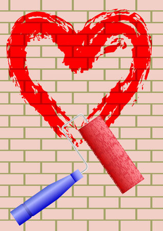 drawing of red heart on a brick wallのイラスト素材