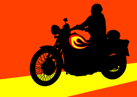 drawing motorcyclist on the road. Silhouette on a colored backgroundのイラスト素材