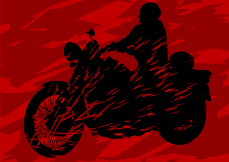  drawing motorcyclist on the road. Silhouette on a red backgroundのイラスト素材