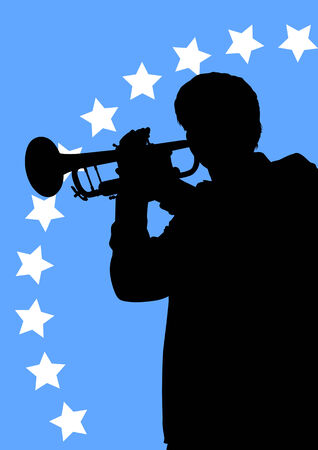 drawing musicians from chimney. Silhouette against a blue backgroundのイラスト素材