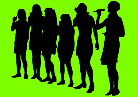 drawing girls singing with a microphone. Silhouettes on green backgroundのイラスト素材
