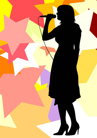 drawing one girl singing with a microphone. Silhouettes on color stars backgroundのイラスト素材