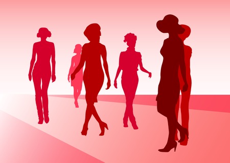 Vector drawing fashion models on scene. Silhouettes womensのイラスト素材