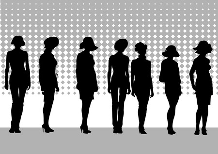 Vector drawing fashion models on scene. Silhouettes womensのイラスト素材