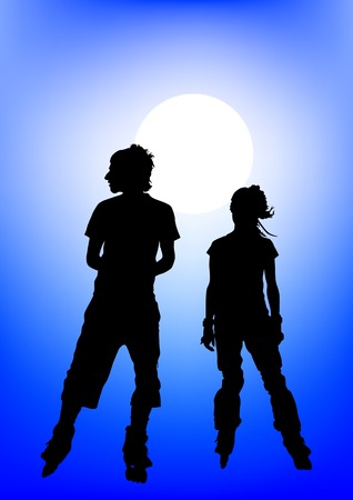 Vector drawing couple athletes on skates. Silhouette on moon backgroundのイラスト素材