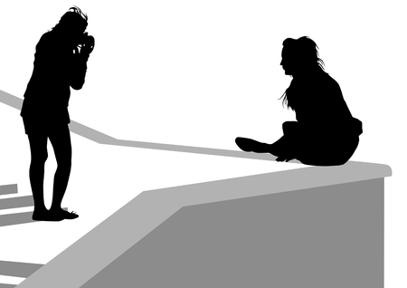 image of the photographer and children. Silhouettes on white backgroundのイラスト素材