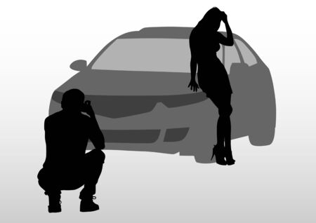 image of photographer and girl model in carsのイラスト素材